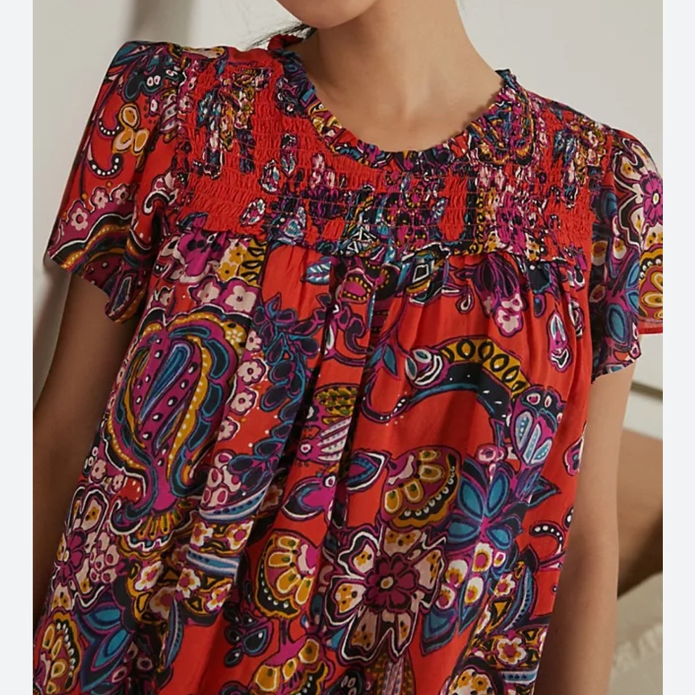 Anthropologie Red Paisley Smocked Yoke Flutter Sleeve Top